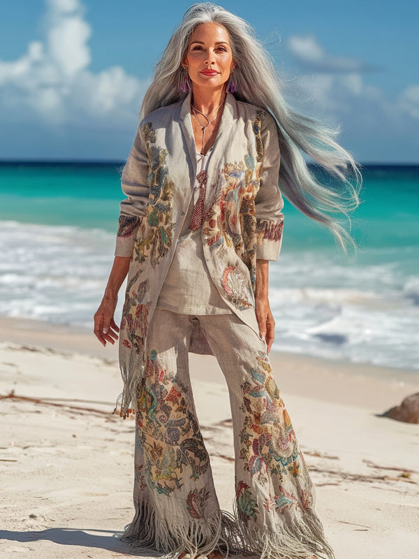 Vacation seaside elegant embroidery top + pant two piece set abc3