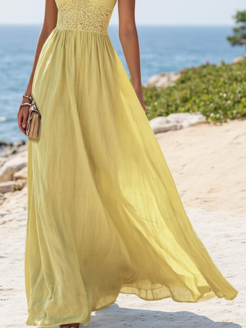 (SIZE:XS-XXL)Linen Maxi Dress, Sleeveless, V neck, Plain, Vintage, Blue