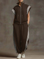 Women's Solid Color Stand-collar Short-sleeved Casual Loose Cotton Top And High-waisted Wide-leg Cotton Pants Set.