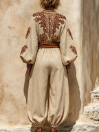 Women's Vintage Art Print V-neck Long Sleeve Cotton Linen Jumpsuit