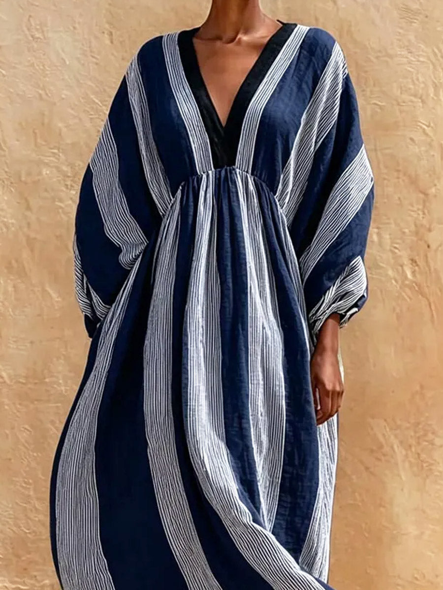 Women's Striped Art Print Casual Stylish Comfortable Cotton Linen Long Dress