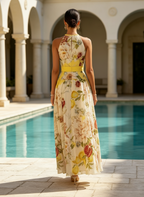 Yellow Floral Chiffon Halter Neck Sleeveless A-Line Maxi Dress