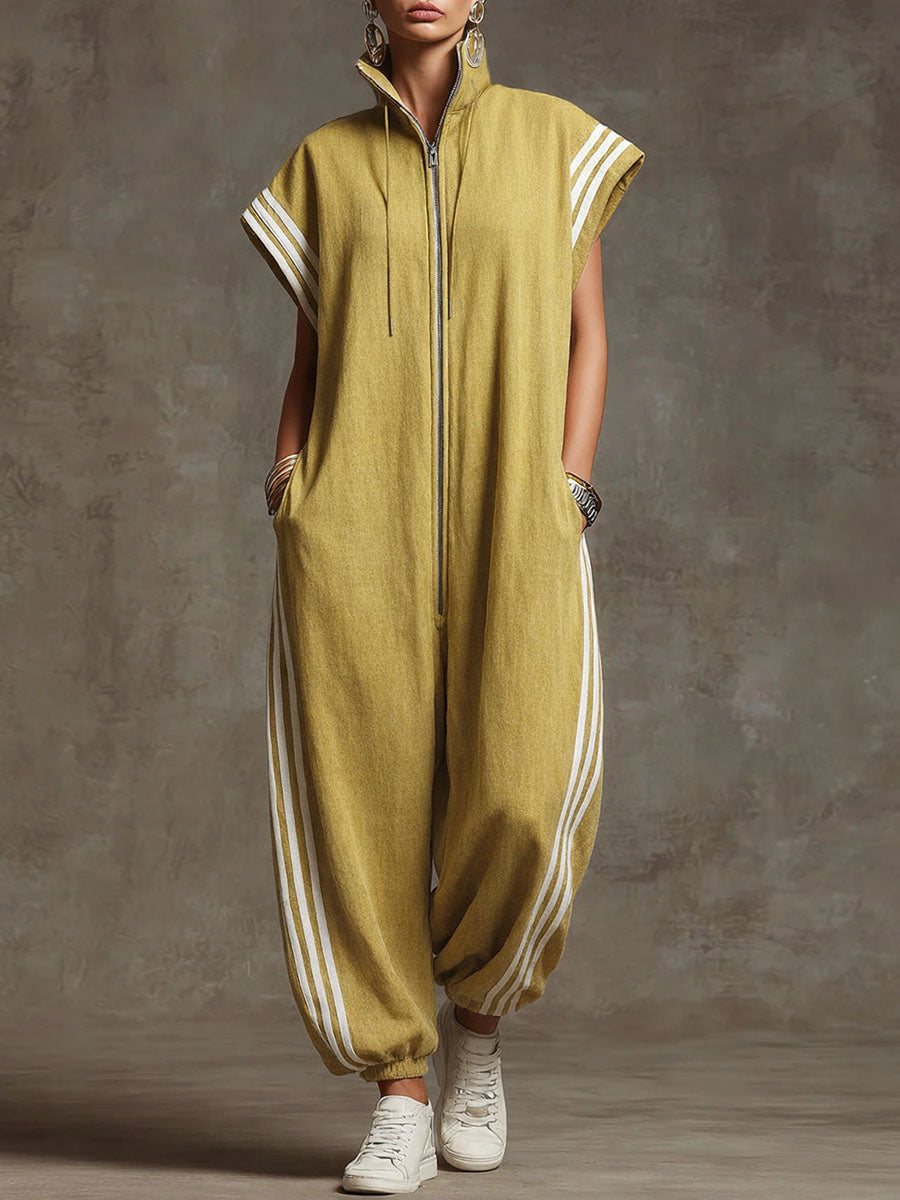 Women's Stand-collar Short-sleeved Casual Loose Cotton And Linen Wide-leg Jumpsuit