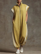 Women's Stand-collar Short-sleeved Casual Loose Cotton And Linen Wide-leg Jumpsuit