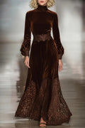 Lace Patchwork Turtleneck Balloon Sleeve Velvet Maxi Dresses