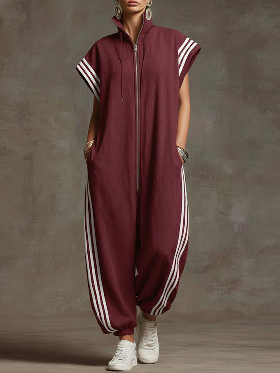 Women's Stand-collar Short-sleeved Casual Loose Cotton And Linen Wide-leg Jumpsuit