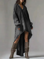 Women's V-neck Long-sleeved Casual Loose-fitting Denim Dress With A Shorter Front And Longer Back Hem.