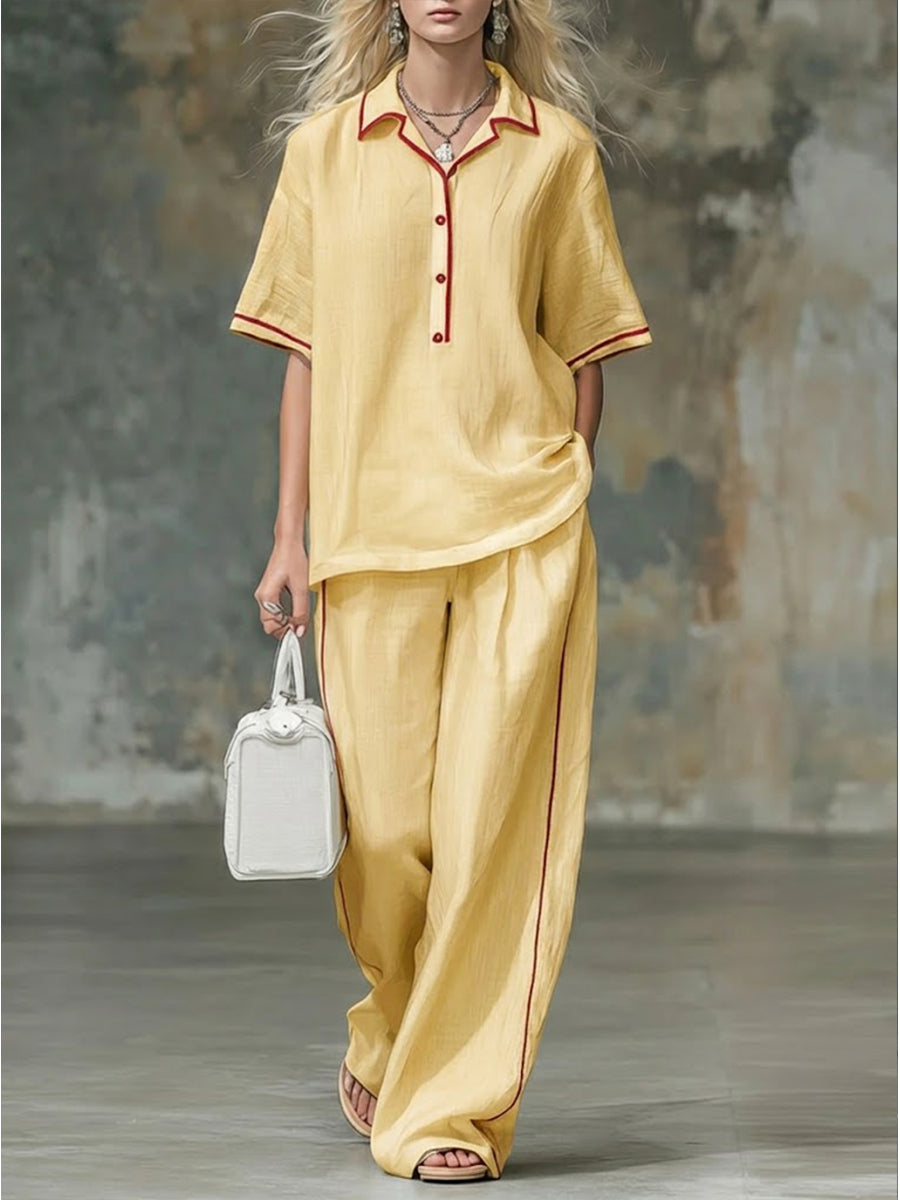 Casual Red-trimmed Short-sleeved Linen And Cotton Shirt And Trousers Two-piece Set