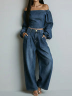 Women's Off-the-shoulder Long-sleeved Casual Loose Denim Top And High-waisted Wide-leg Jeans Set.