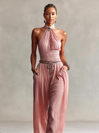Bohemian-style Halter-neck Jumpsuit With Pin-tuck Waist And Draped Wide Legs
