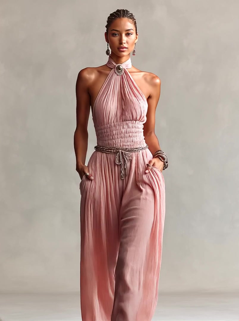Bohemian-style Halter-neck Jumpsuit With Pin-tuck Waist And Draped Wide Legs