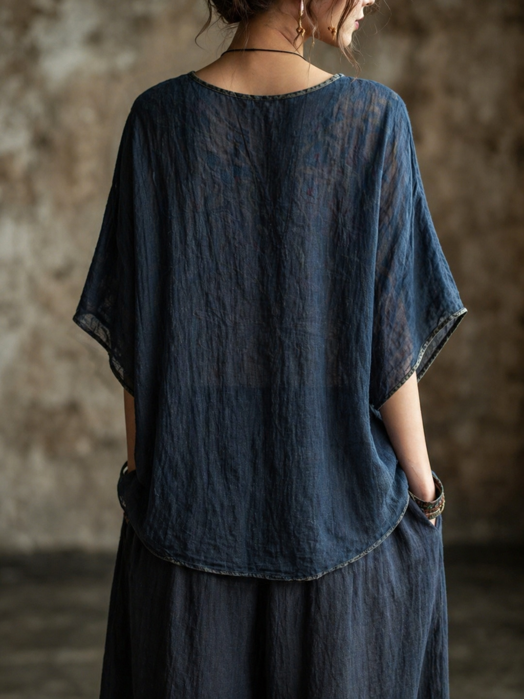 Bohemian-style Heavy-embellishment Dragonfly & Floral Embroidered V-neck Cotton-linen Top