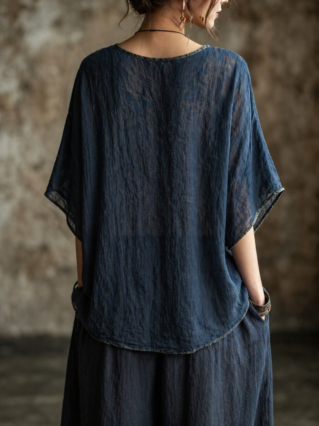 Bohemian-style Heavy-embellishment Dragonfly & Floral Embroidered V-neck Cotton-linen Top