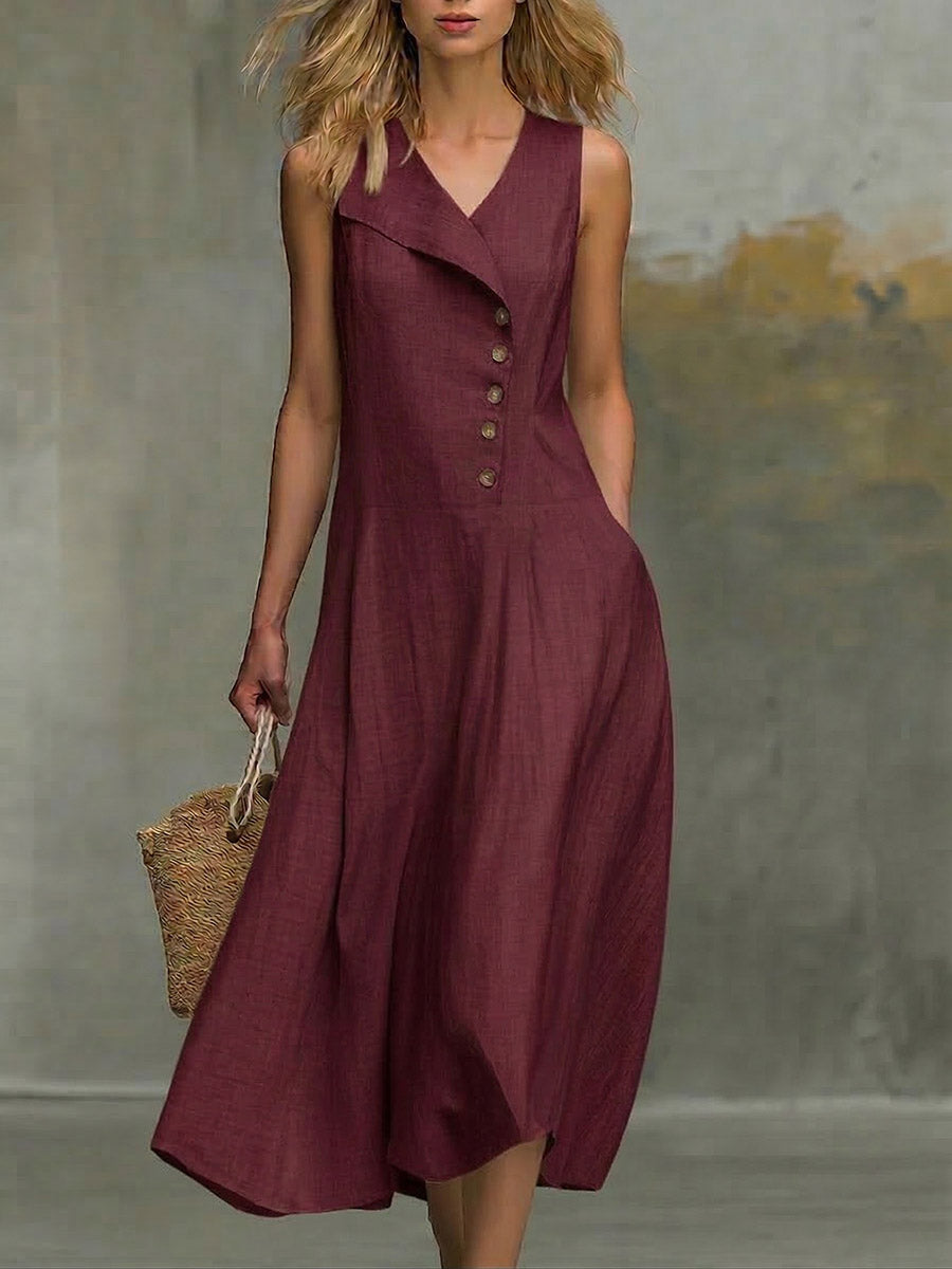 Women's Solid-color V-neck Sleeveless Casual Loose Cotton-linen Dress