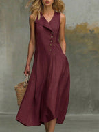 Women's Solid-color V-neck Sleeveless Casual Loose Cotton-linen Dress