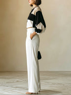 Commuter Color Block Long-Sleeved Top And Straight Leg Pants Set