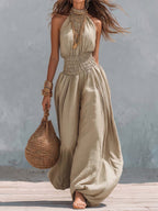 Retro Halter-neck Elasticized Waist Jumpsuit