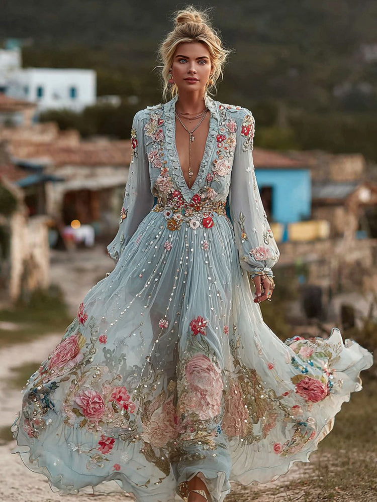 Women's Vintage Bohemian Floral Embroidered Casual Long Sleeve Dress