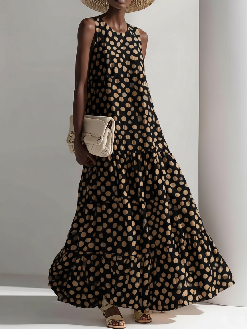 Retro Polka Dot Print Multi-layered Hem Maxi Dress