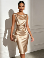 Champagne Ruched Buckle Satin Cowl Neck Sleeveless Sheath Midi Dress