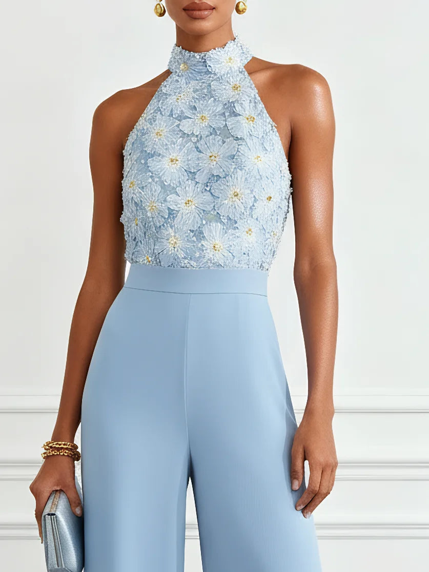 Women Light Blue 3D Floral Halter Neck Sleeveless Dressy Jumpsuit
