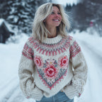 Boho Floral Knit Embroidered Art Women's Crew Neck Icelandic Sweater