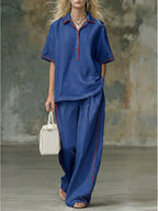 Casual Red-trimmed Short-sleeved Linen And Cotton Shirt And Trousers Two-piece Set