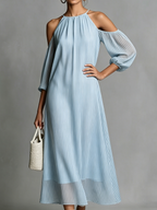 Elegant Halter-neck Striped Off-shoulder Midi Dress