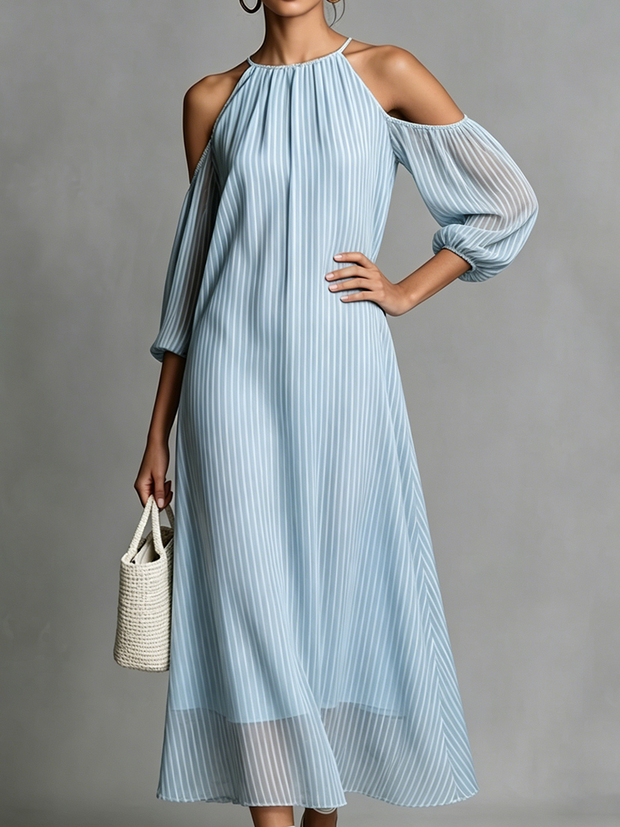Elegant Halter-neck Striped Off-shoulder Midi Dress