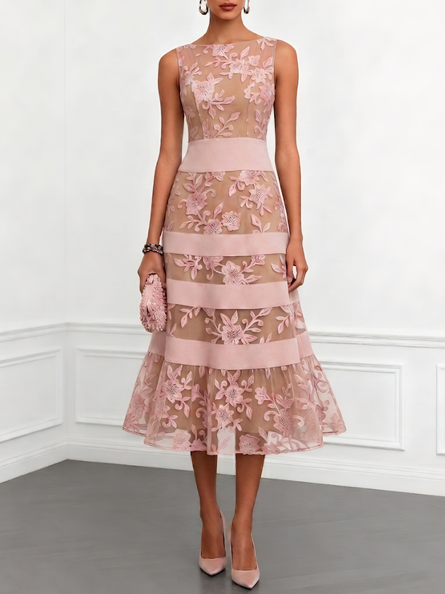 Black Mesh Lace Boat Neck Sleeveless A-Line Midi Dress