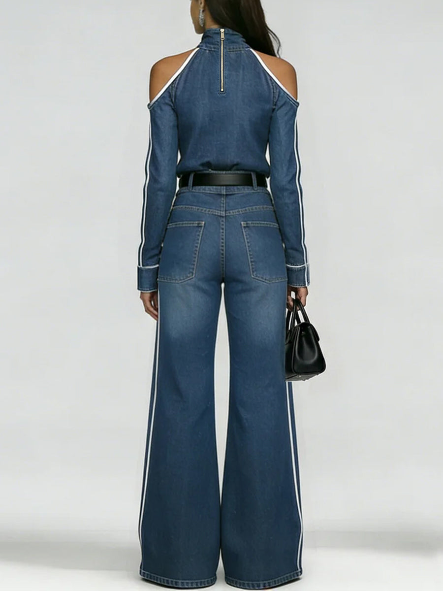 Stylish Off-shoulder White Trim Denim Top And Jeans Two-piece Set