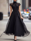 Sheer Panel High-Neck Pleated A-Line Midi Dress