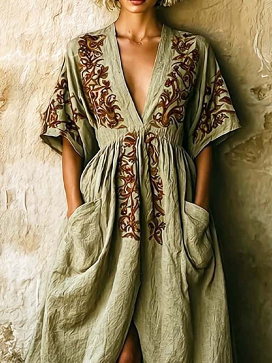 Women's Retro Floral Art Casual Stylish Vacation Maxi Cotton Linen Dress