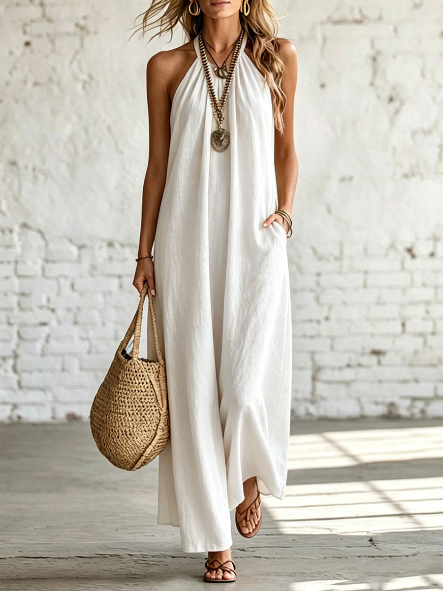 Women's Casual Loose-fitting Linen And Cotton Sleeveless Halter-neck Dress