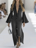 Women's Lapel Long-sleeved Casual Loose Denim Jumpsuit