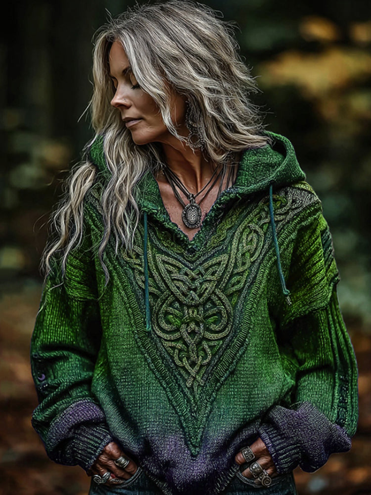 Women's Viking Celtic Knot Art Knitted Warm Hooded Sweater