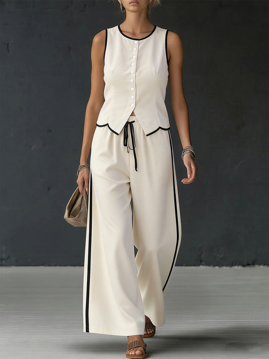 Women's Color-blocked Sleeveless Single-breasted Vest And Drawstring Trousers Set