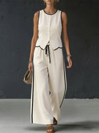 Women's Color-blocked Sleeveless Single-breasted Vest And Drawstring Trousers Set