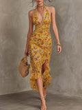 Ginger Yellow Floral Halter Neck Fitted Waist Chiffon Midi Dress