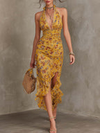 Ginger Yellow Floral Halter Neck Fitted Waist Chiffon Midi Dress