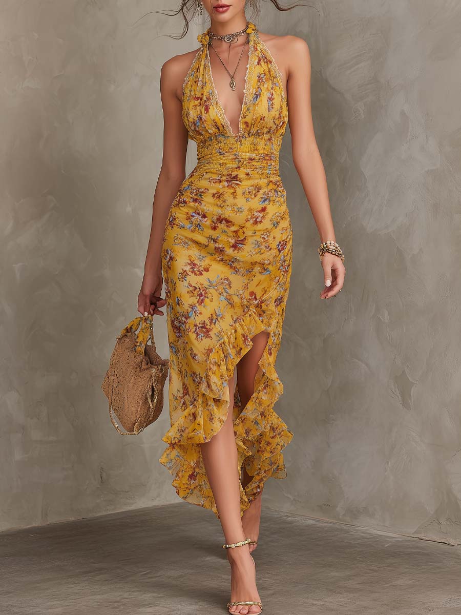 Ginger Yellow Floral Halter Neck Fitted Waist Chiffon Midi Dress
