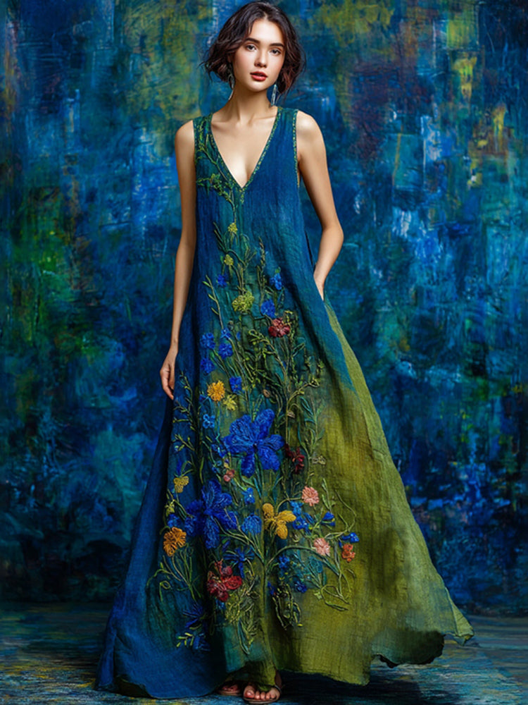 Vintage Floral Embroidered Contrast Linen Sleeveless Maxi Dress