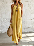 Women's Casual Loose-fitting Linen And Cotton Sleeveless Halter-neck Dress