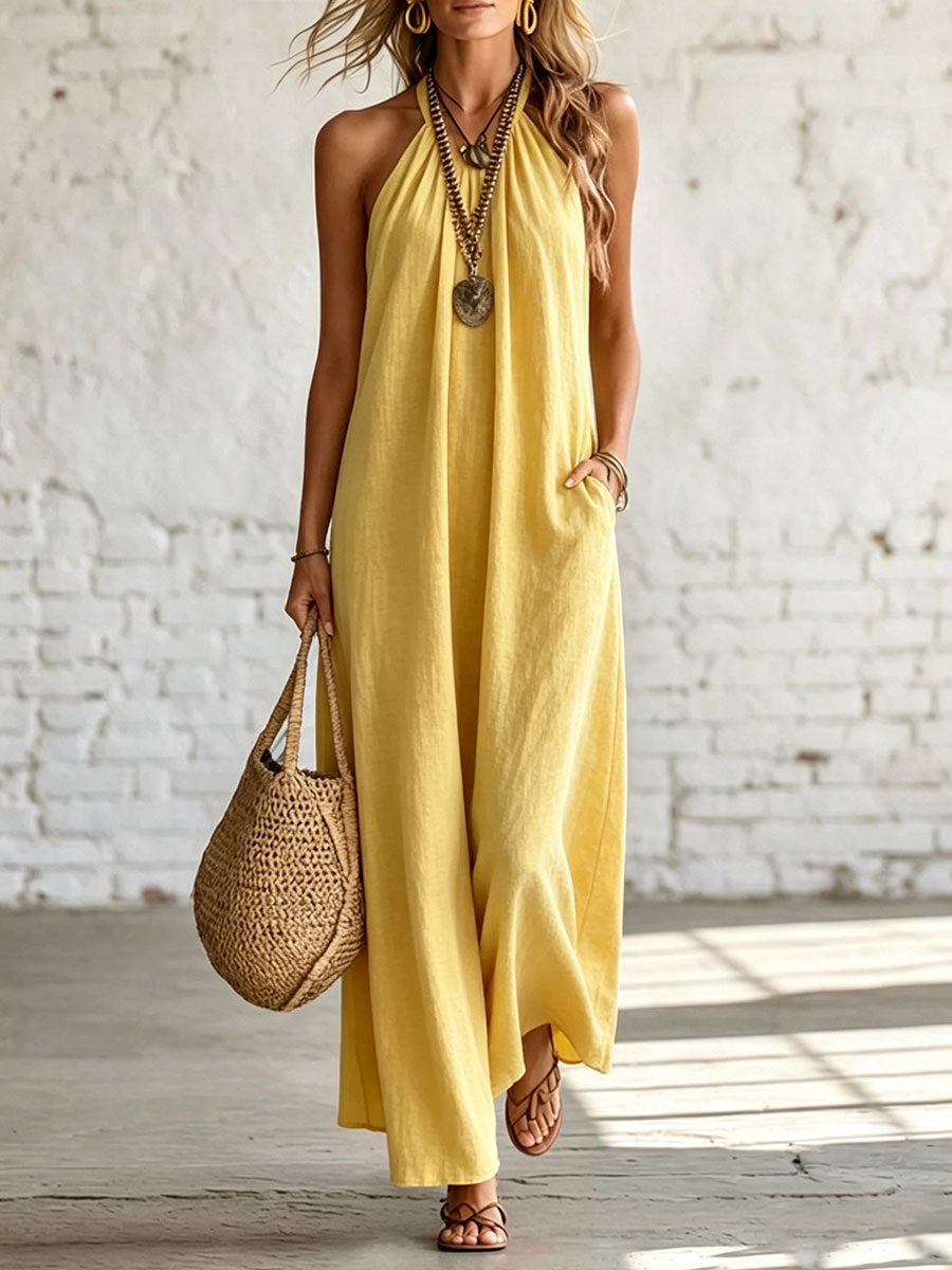 Women's Casual Loose-fitting Linen And Cotton Sleeveless Halter-neck Dress