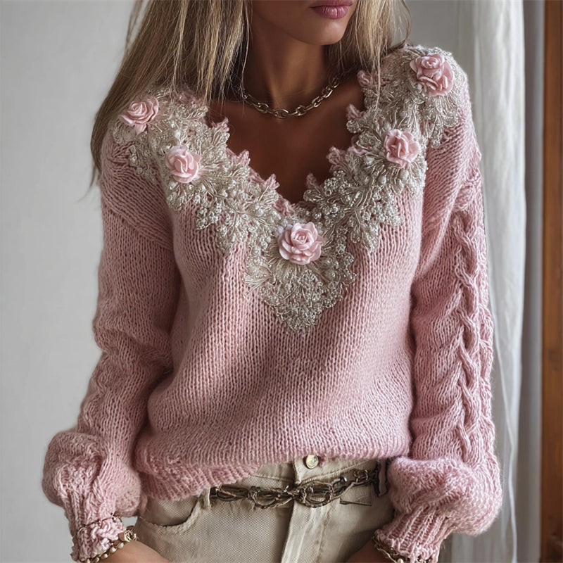 Vintage Pink Roses V Neck Cozy Knit Sweater