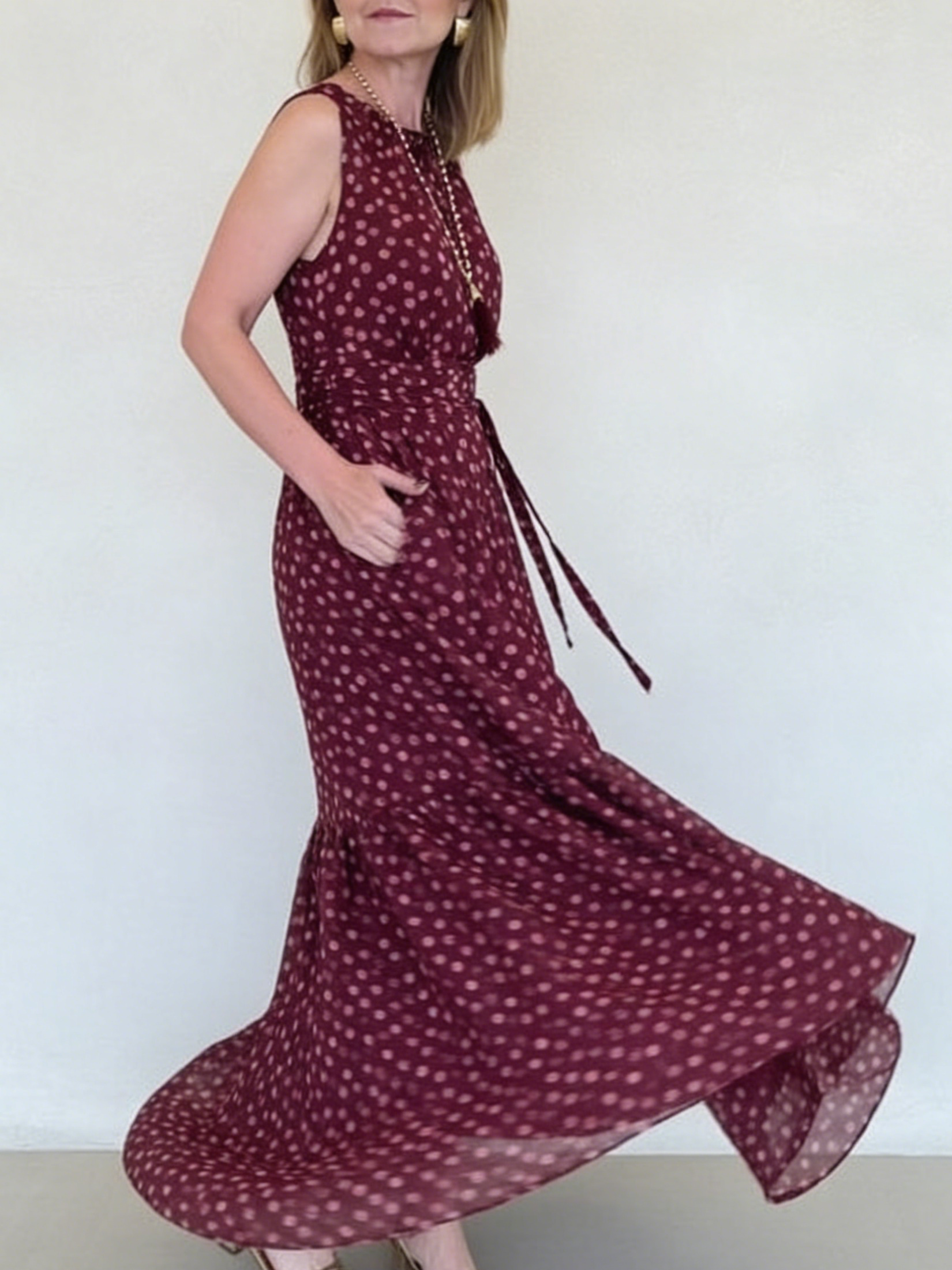 Elegant Polka Dot Print Belted Maxi Dress