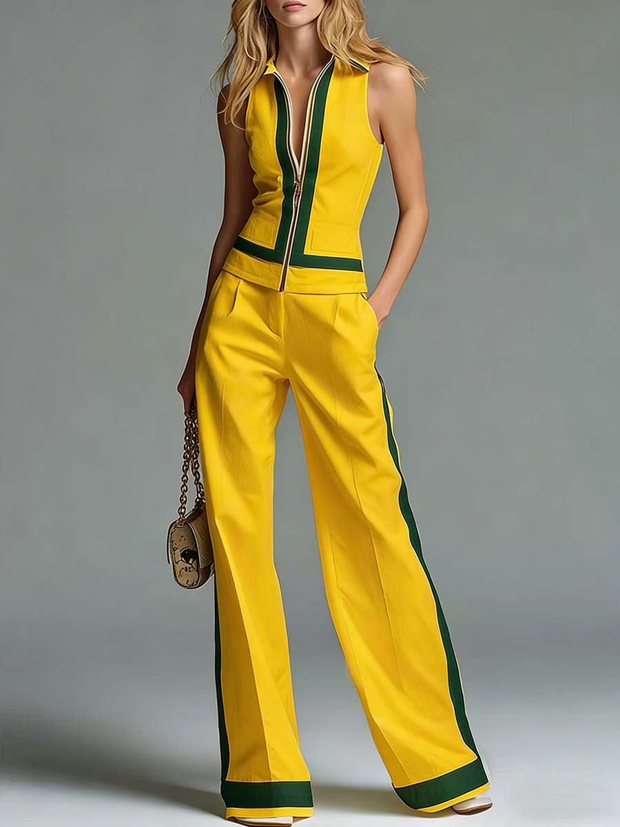 Women's Collared Sleeveless Casual Loose Top And High-waisted Casual Loose Wide-leg Pants Cotton Set
