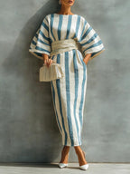 Women's Striped Print Round-neck 3/4-sleeve Casual Loose Cotton-linen Dress (belt Not Included)