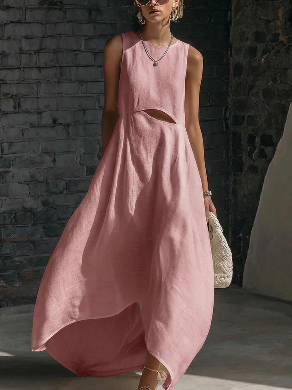 Stylish Minimalist Cutout Waist Linen-cotton Dress