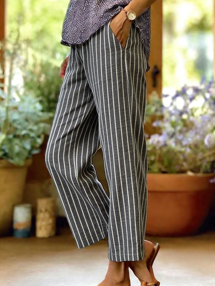 Women's Stripe Cotton-linen Solid Color Elastic Waist Pockets Straight Leg Loose-fit Casual Trousers